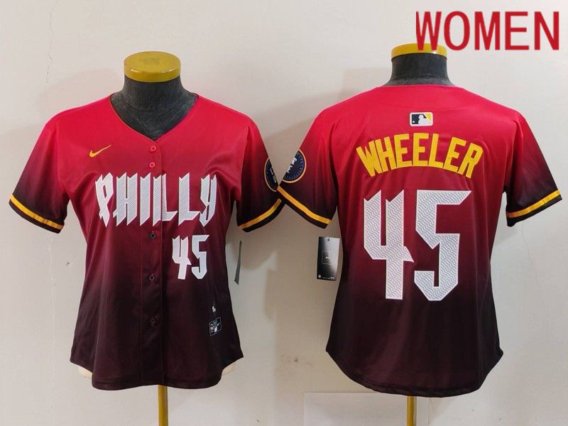 Women Philadelphia Phillies #45 Wheeler Red City Edition 2024 Nike MLB Jersey style 4